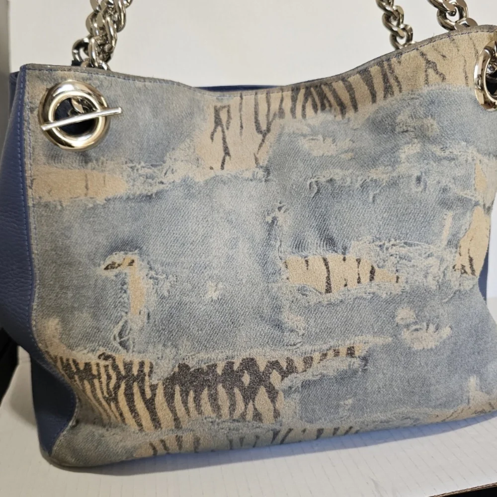 Valentino By Mario Valentino Luisa Blue Denim Zebra Large Leather Handbag Purse - Picture 9 of 16